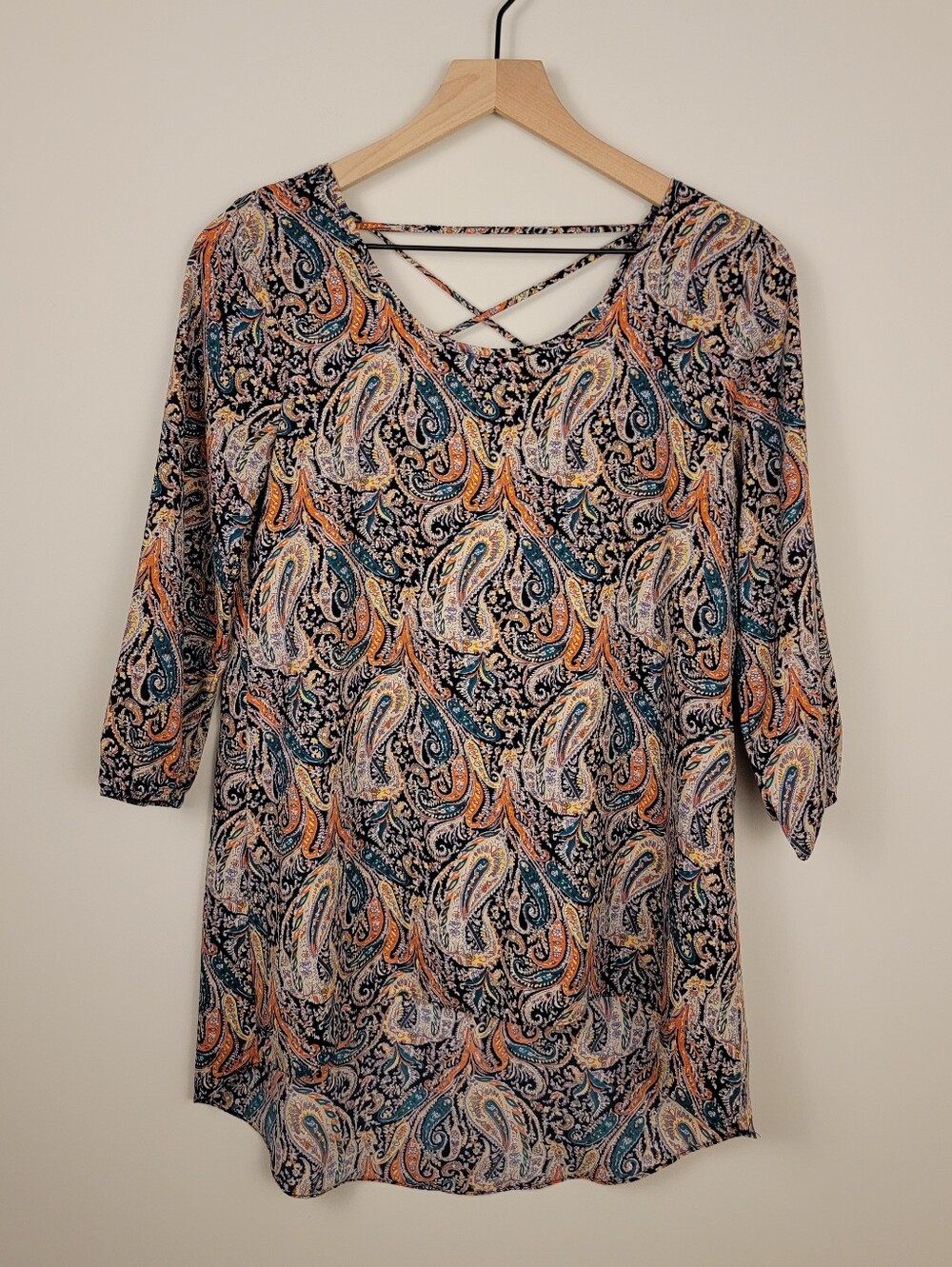 Moa Moa Boho Paisley Criss Cross Neck Strappy Tunic Blouse Top Small S